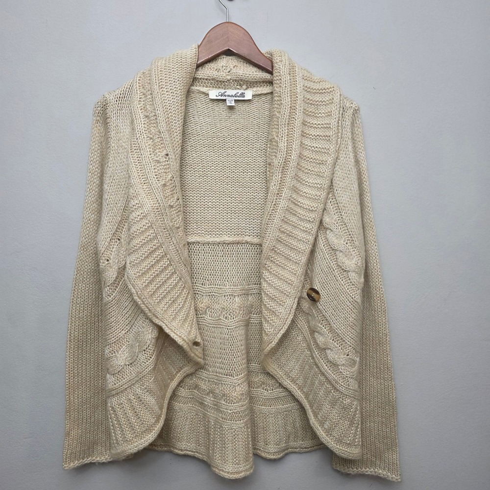 Annabella Women's Cream Cable Knit Shawl Collar Cardigan Sweater Size M‎